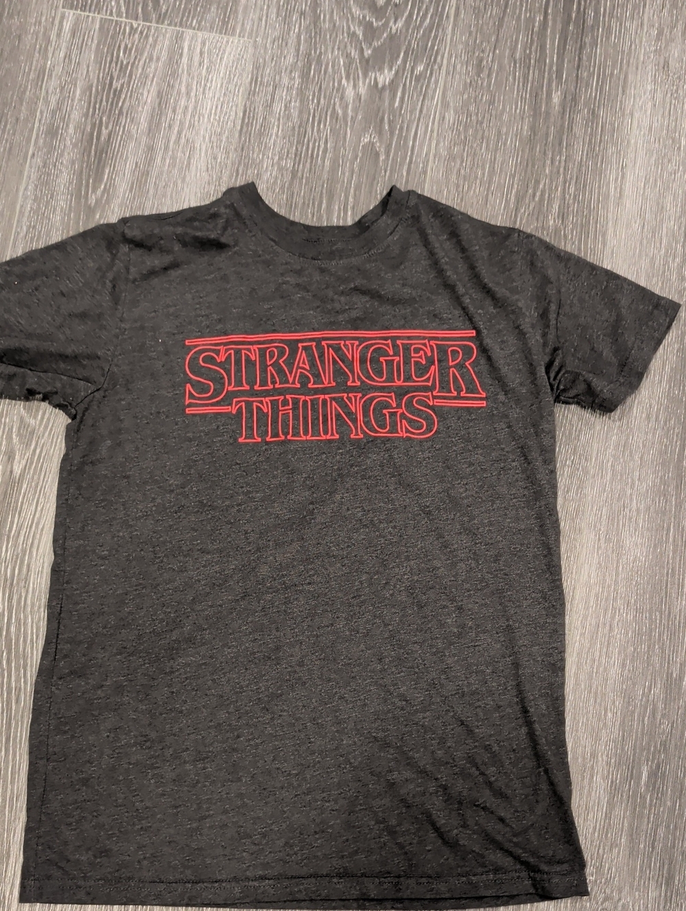 Stranger Things Women's Short Sleeve Tee - Charcoal with Pink Logo
